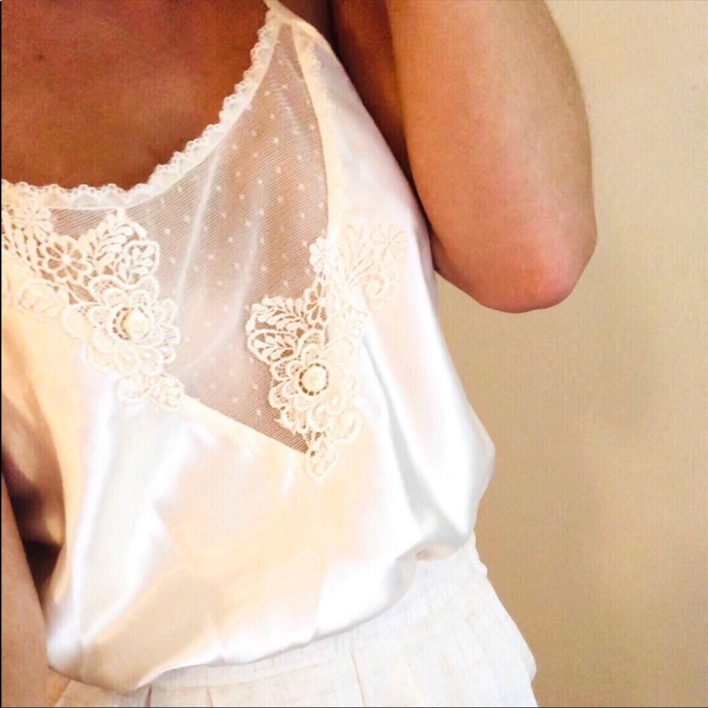 Vintage White Lace Trim Satin Camisole